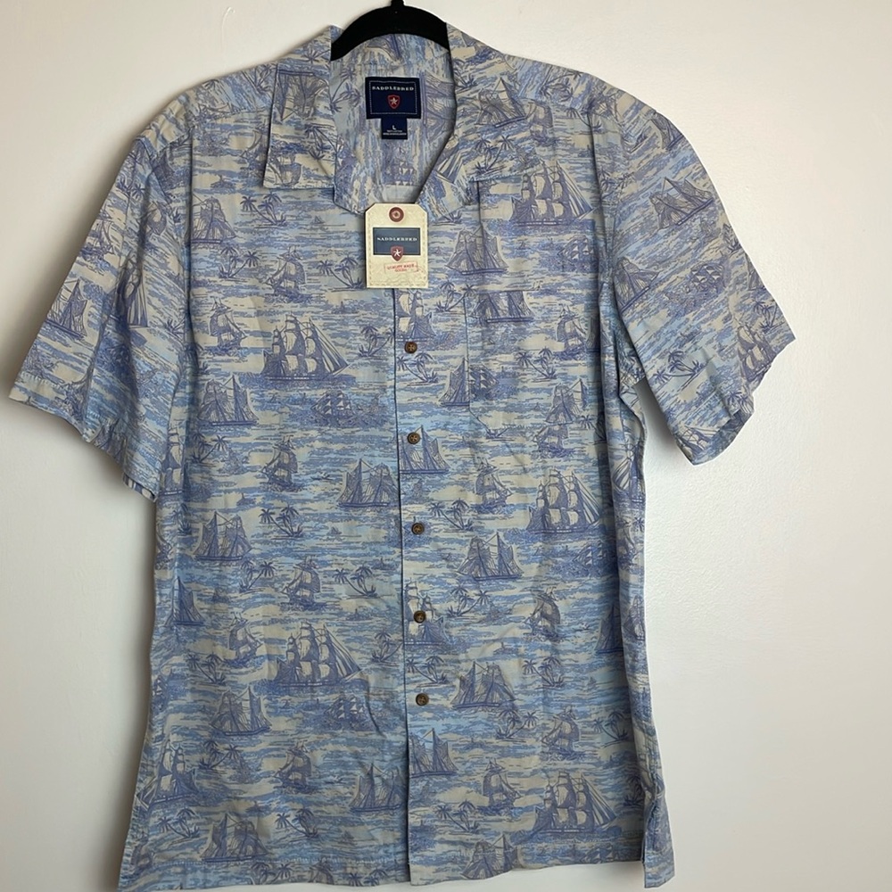 NWT Men’s Saddlebred Button Down Dress Shirt Pirate Ships Theme Size Large